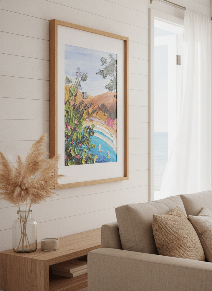 Neutral wall art displayed in a sunny coastal beach house