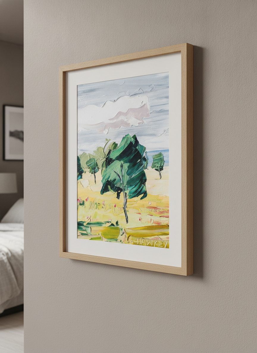 Minimalist artwork displayed in a calm, light-filled bedroom interior