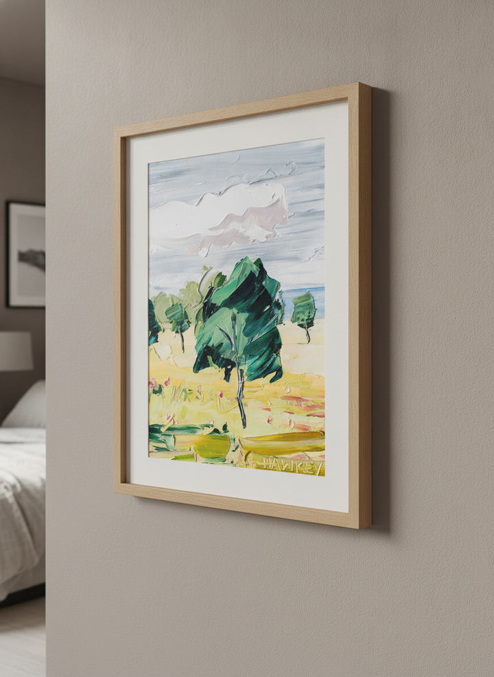Minimalist artwork displayed in a calm, light-filled bedroom interior