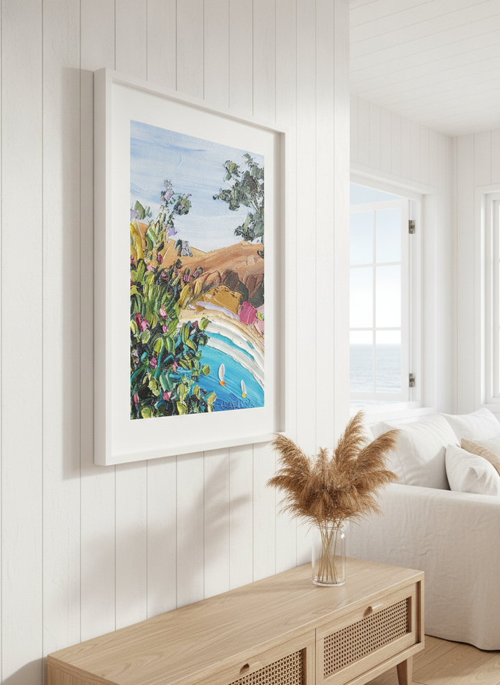 Neutral wall art displayed in a sunny coastal beach house