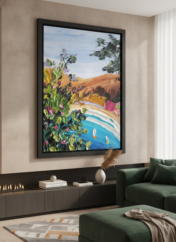 Monumental artwork centred on a feature wall in a luxe interior