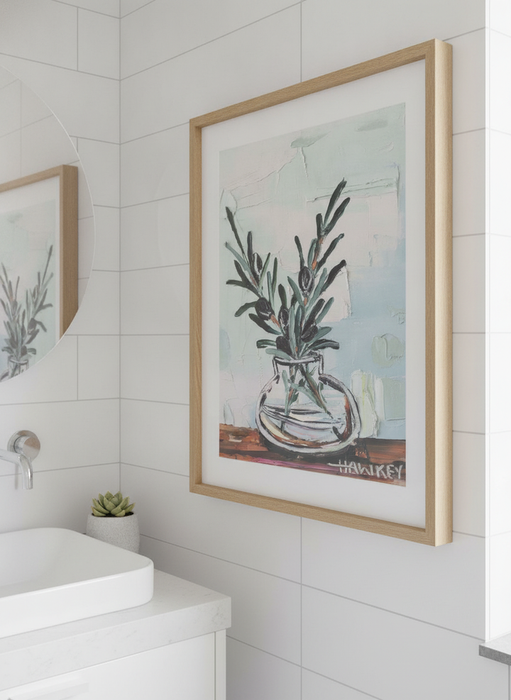 Modern print displayed in a clean minimalist bathroom setting