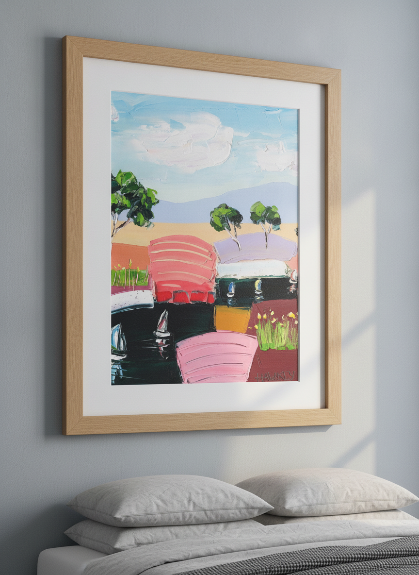 Minimalist artwork displayed in a calm, light-filled bedroom interior