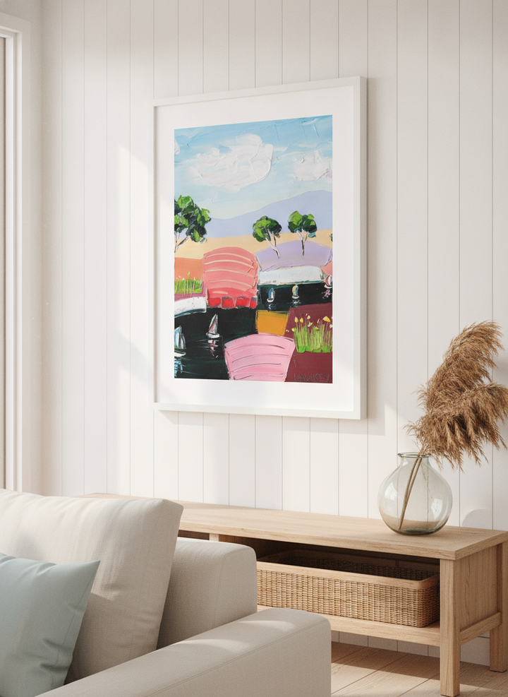 Neutral wall art displayed in a sunny coastal beach house