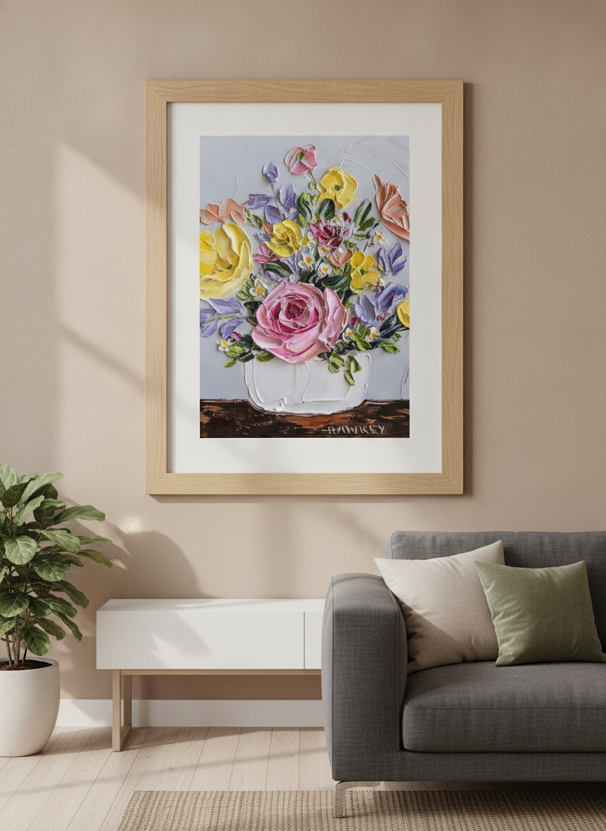 Modern wall art styled above a sofa in a neutral living room