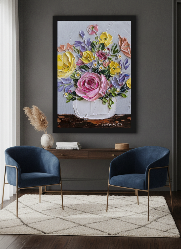 Monumental artwork centred on a feature wall in a luxe interior