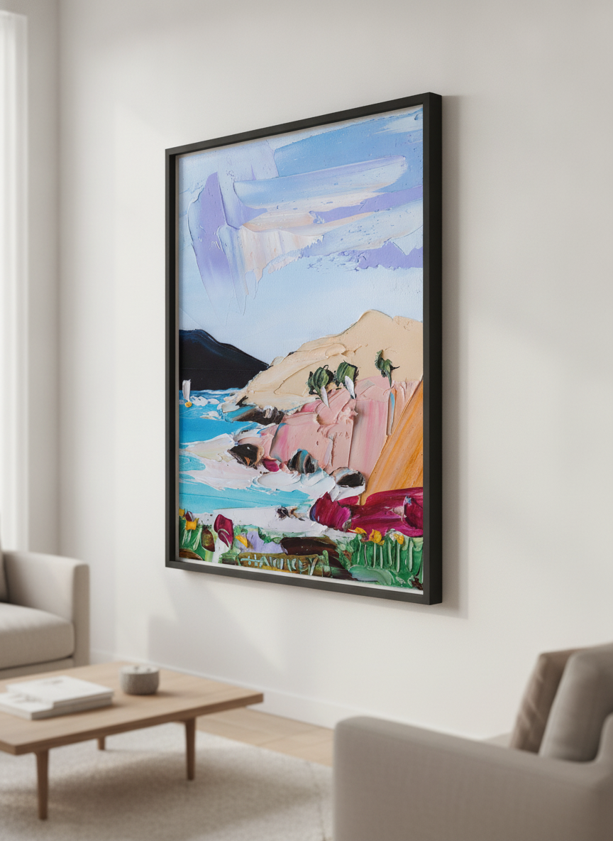 Modern wall art styled above a sofa in a neutral living room