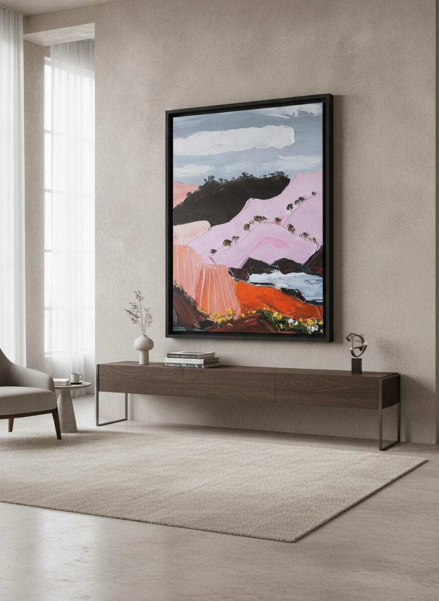 Monumental artwork centred on a feature wall in a luxe interior