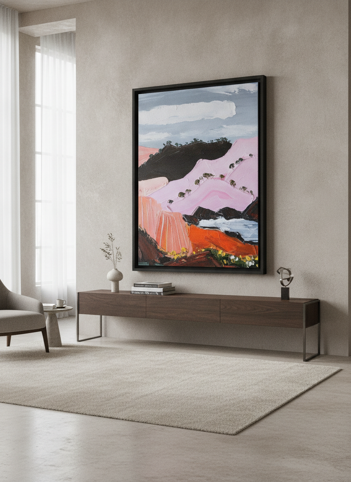 Monumental artwork centred on a feature wall in a luxe interior