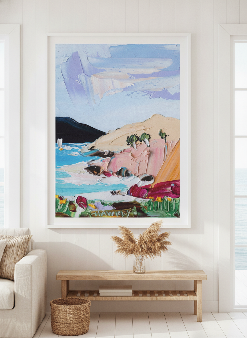 Neutral wall art displayed in a sunny coastal beach house