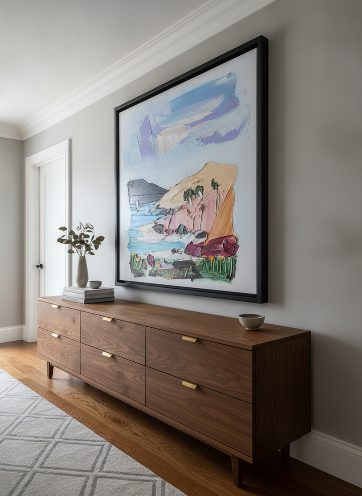 Monumental artwork centred on a feature wall in a luxe interior
