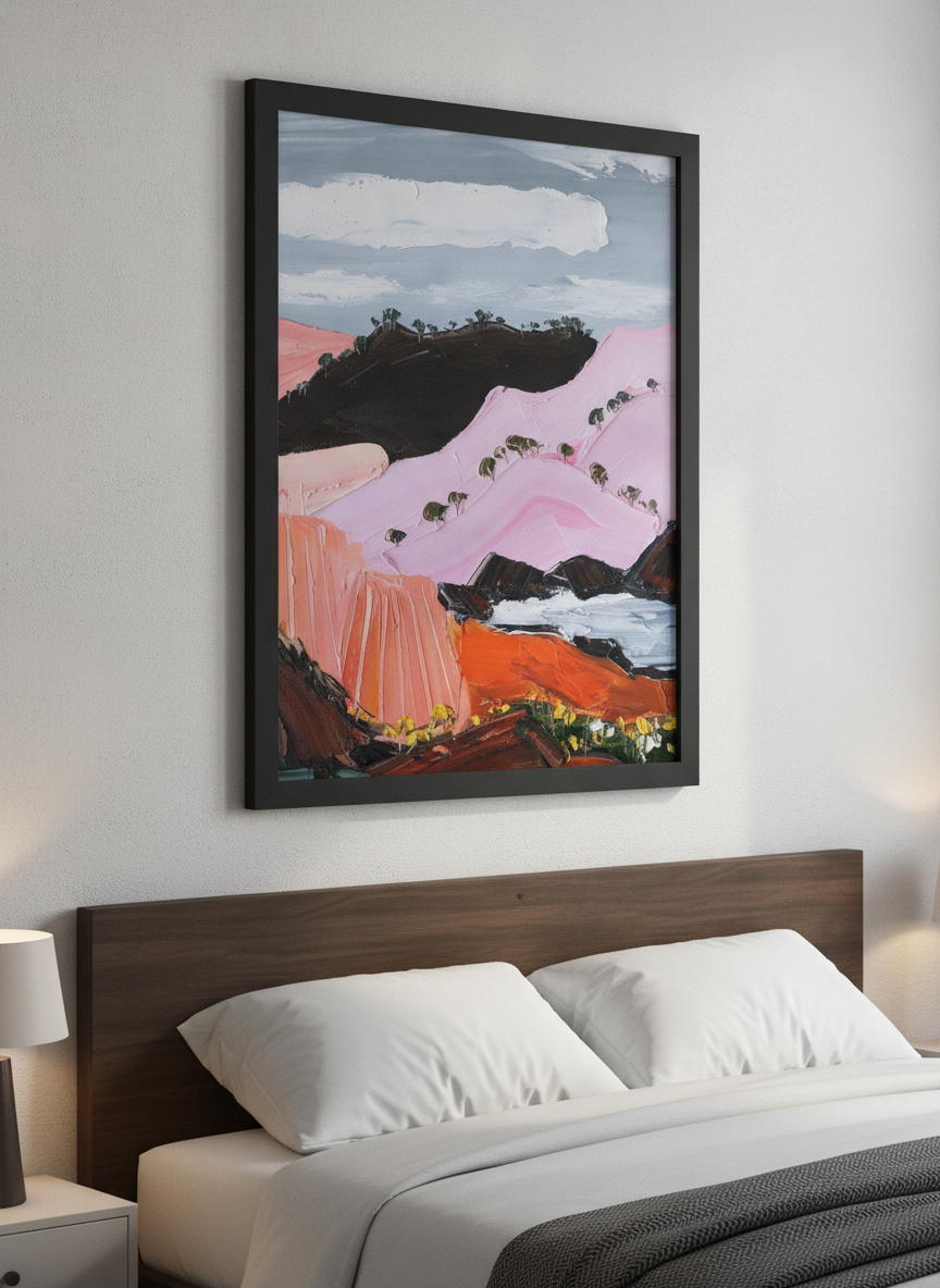 Minimalist artwork displayed in a calm, light-filled bedroom interior
