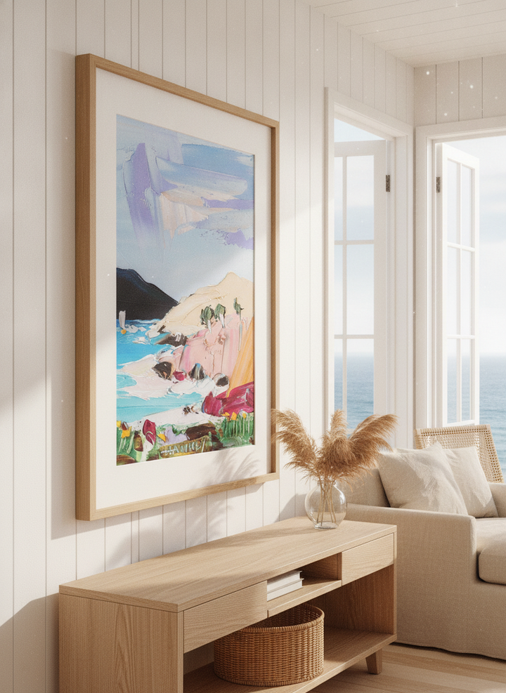 Neutral wall art displayed in a sunny coastal beach house