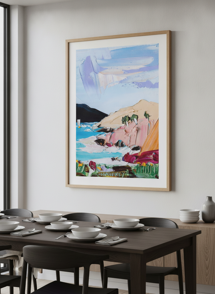 Wall art styled above a dining table in a contemporary home