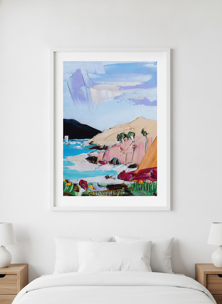 Minimalist artwork displayed in a calm, light-filled bedroom interior