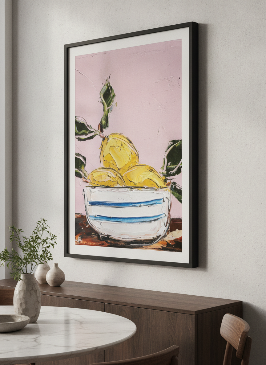 Wall art styled above a dining table in a contemporary home