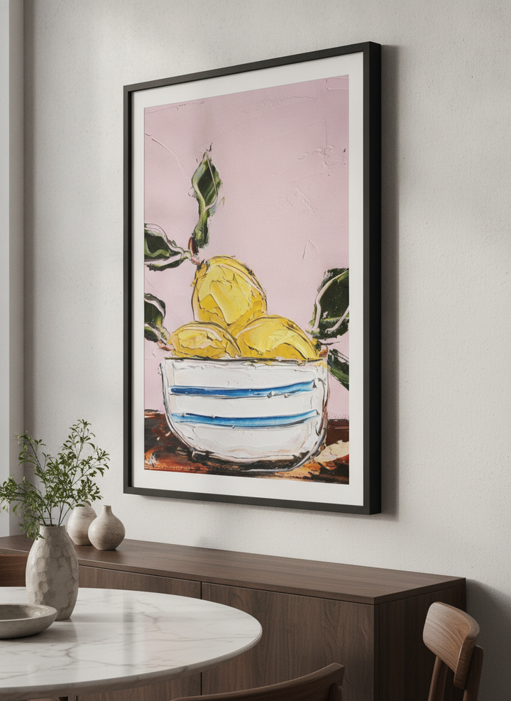 Wall art styled above a dining table in a contemporary home