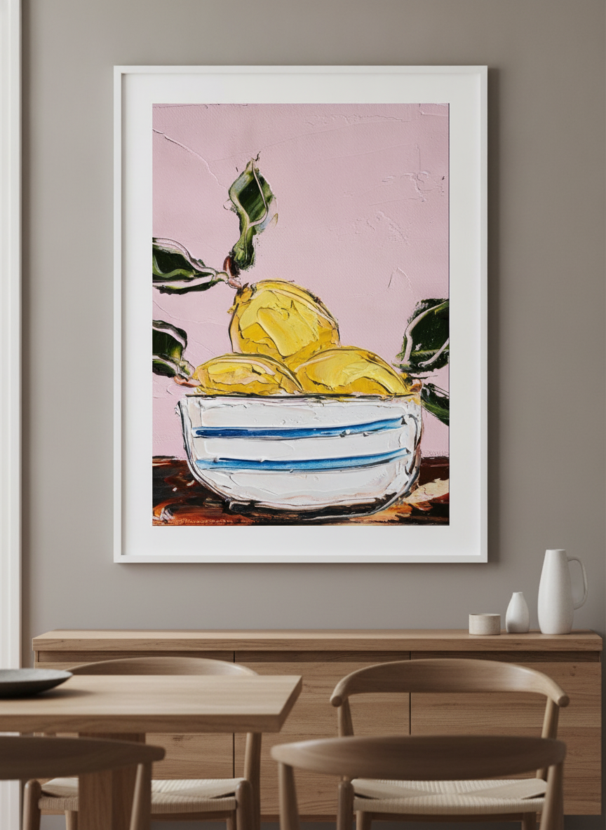 Wall art styled above a dining table in a contemporary home