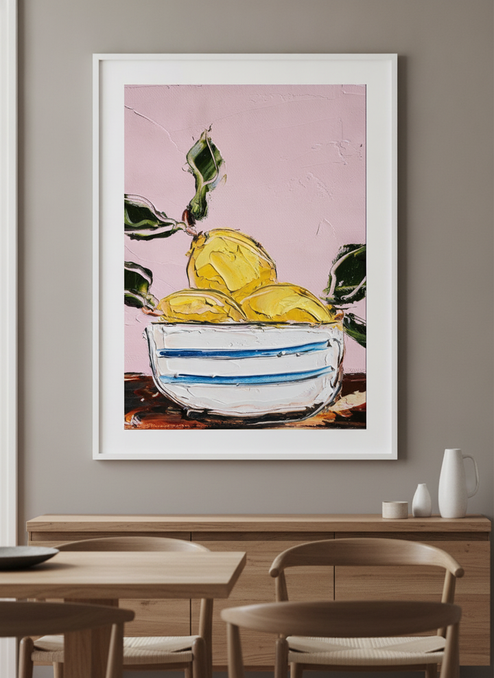 Wall art styled above a dining table in a contemporary home
