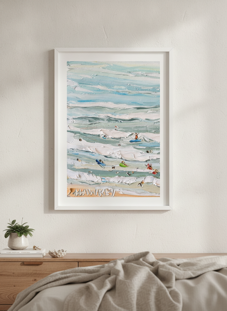 Minimalist artwork displayed in a calm, light-filled bedroom interior