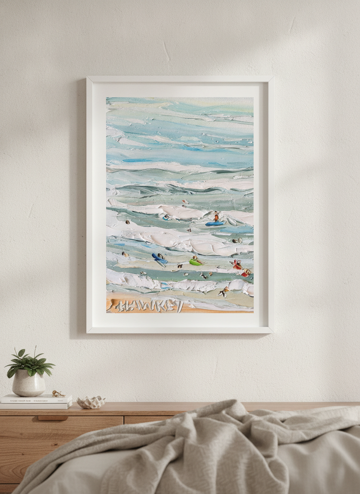 Minimalist artwork displayed in a calm, light-filled bedroom interior
