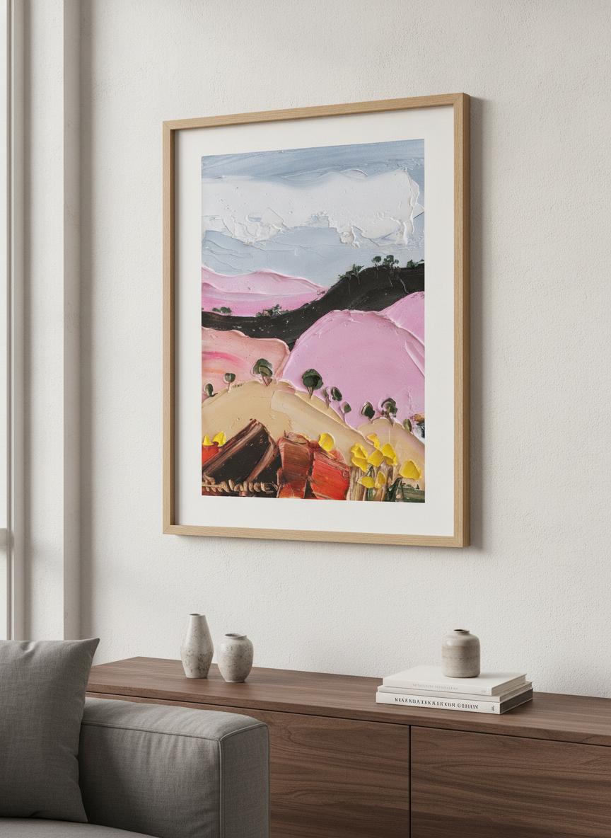 Modern wall art styled above a sofa in a neutral living room