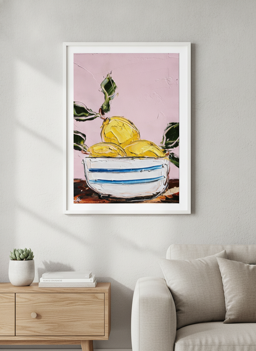 Modern wall art styled above a sofa in a neutral living room
