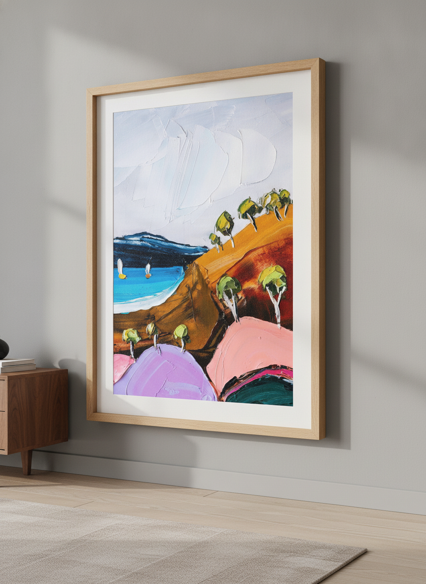 Modern wall art styled above a sofa in a neutral living room