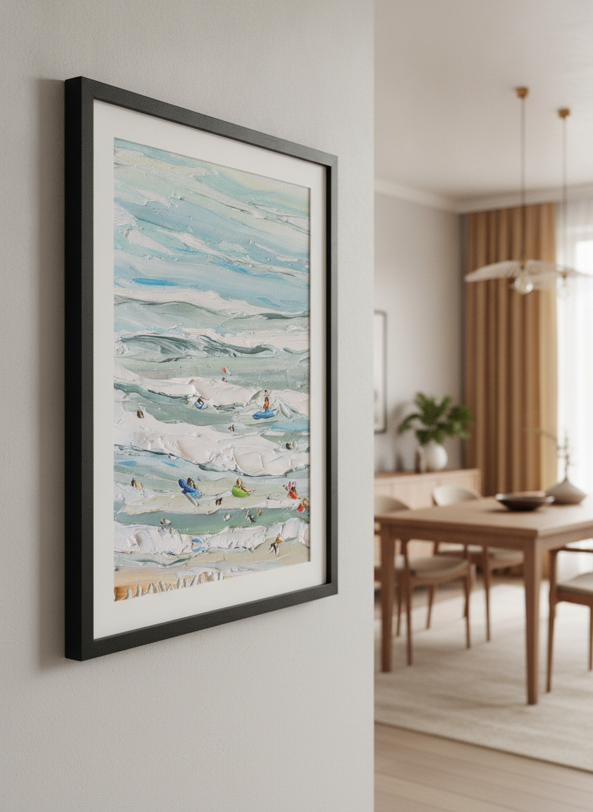 Wall art styled above a dining table in a contemporary home