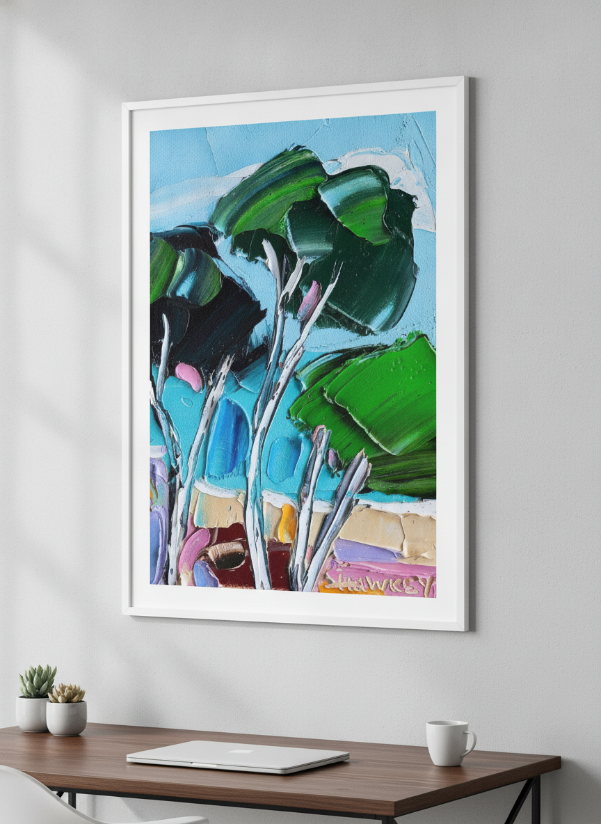 Contemporary wall art featured in a bright modern office workspace