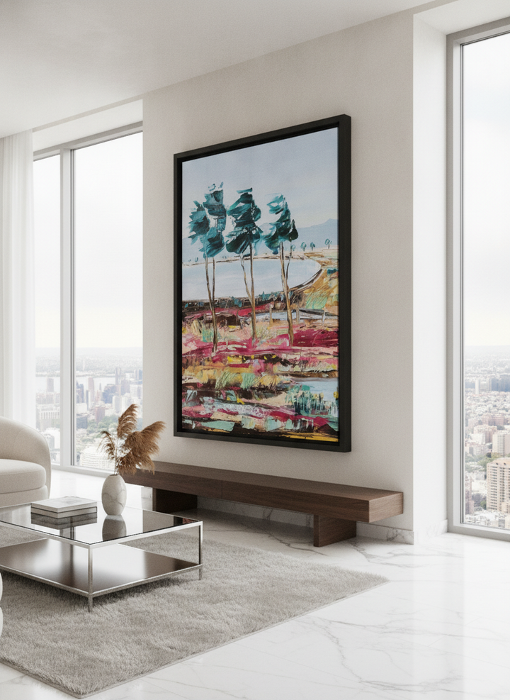 Monumental artwork centred on a feature wall in a luxe interior