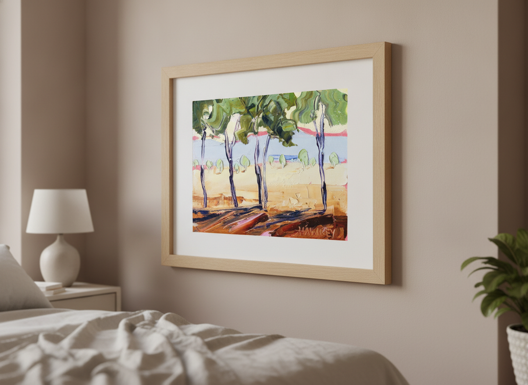 Minimalist artwork displayed in a calm, light-filled bedroom interior