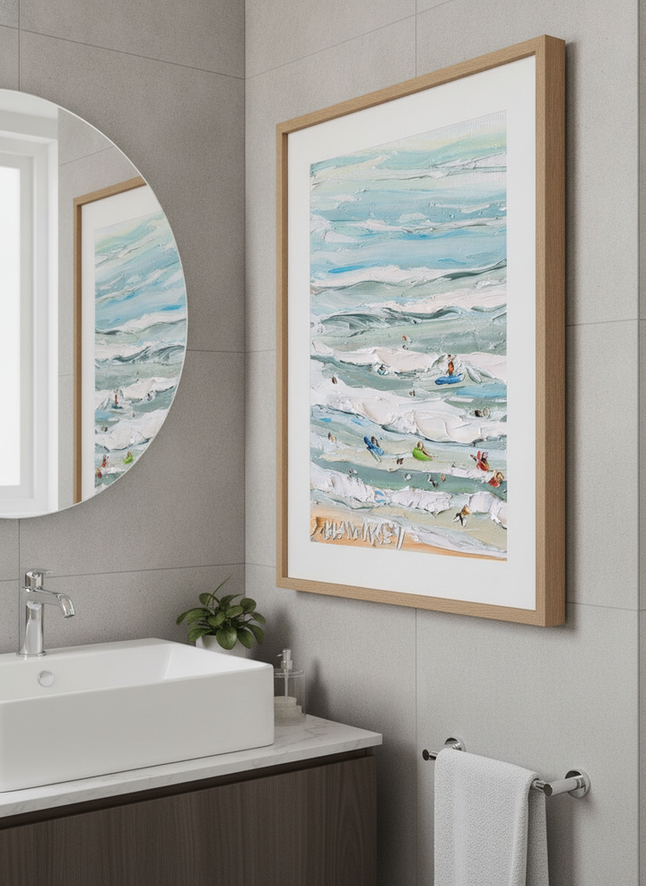 Modern print displayed in a clean minimalist bathroom setting