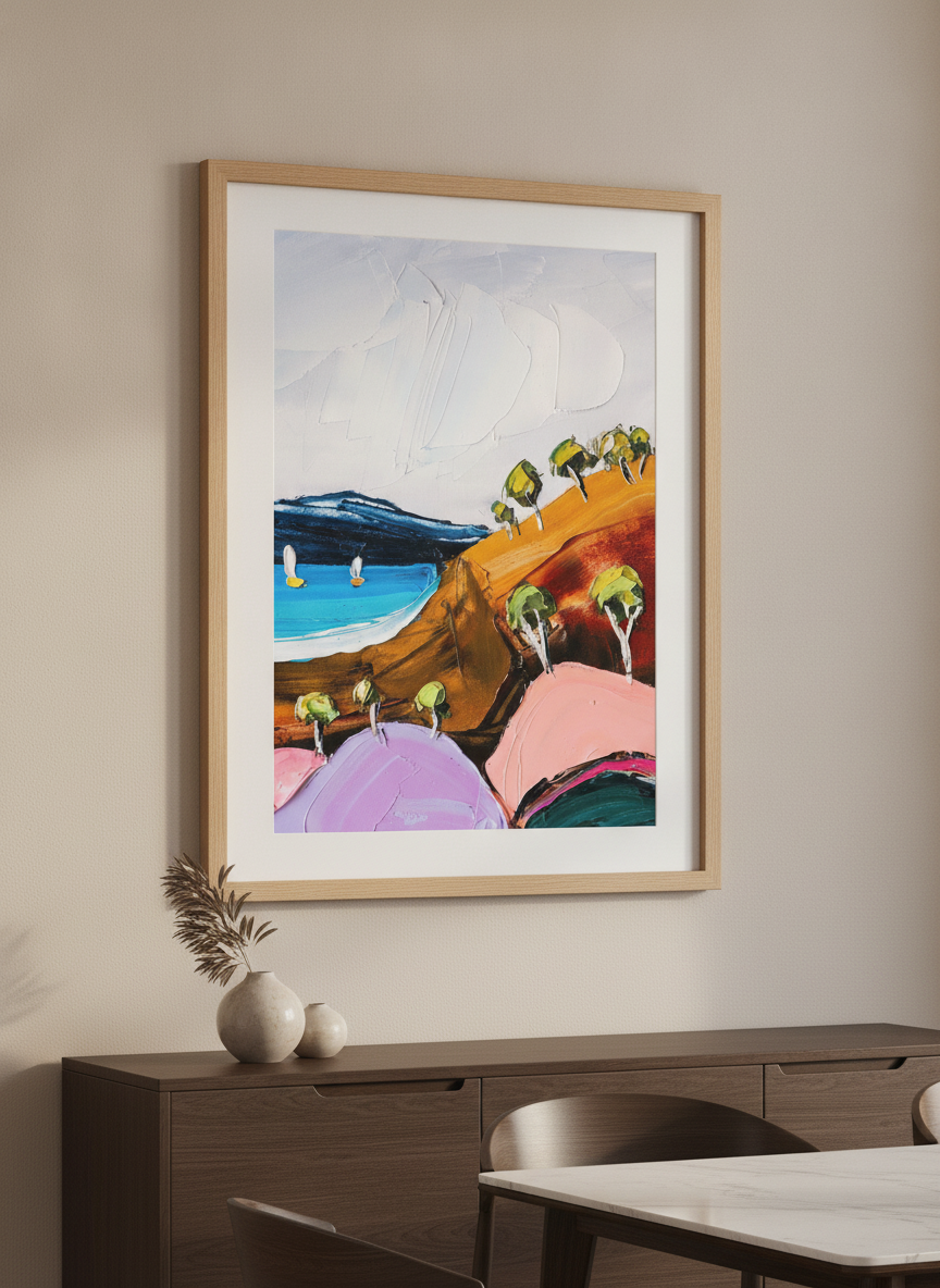 Wall art styled above a dining table in a contemporary home