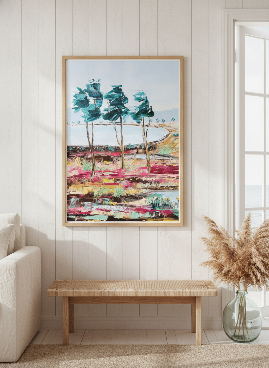 Neutral wall art displayed in a sunny coastal beach house