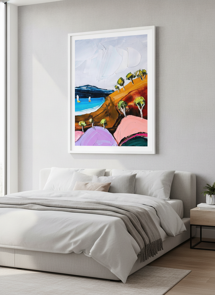 Minimalist artwork displayed in a calm, light-filled bedroom interior