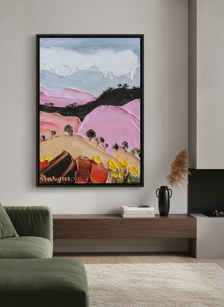 Monumental artwork centred on a feature wall in a luxe interior