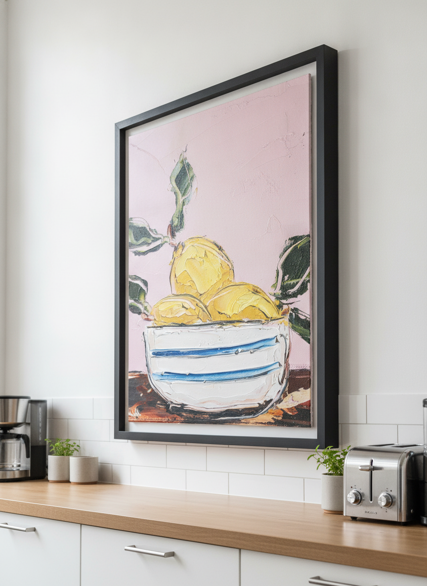 Artwork styled on the wall of a bright modern kitchen