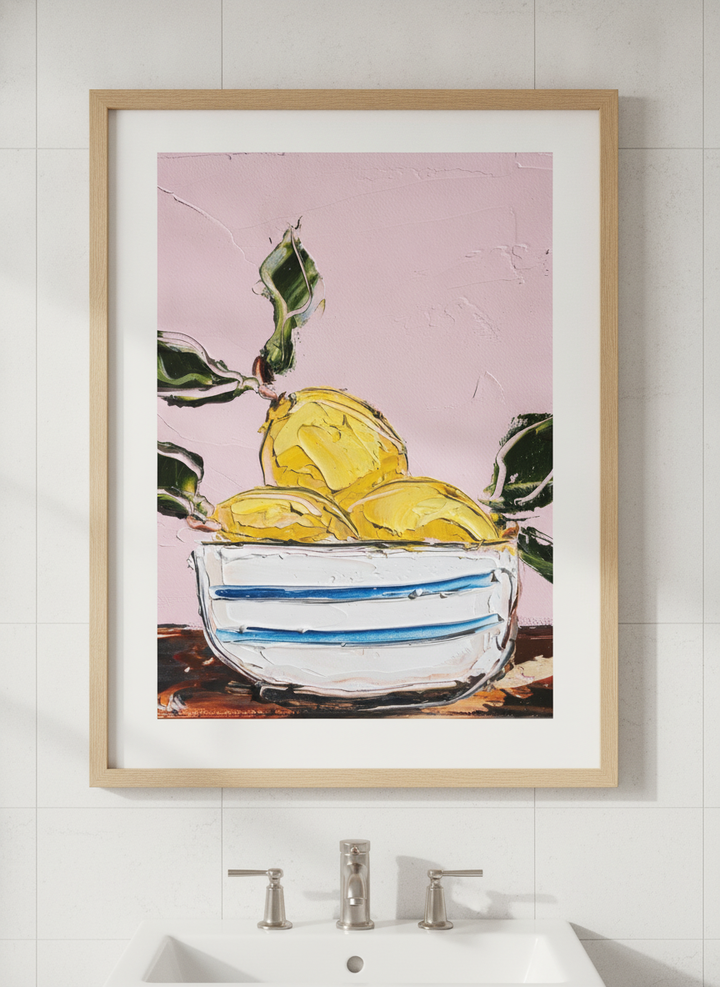 Modern print displayed in a clean minimalist bathroom setting
