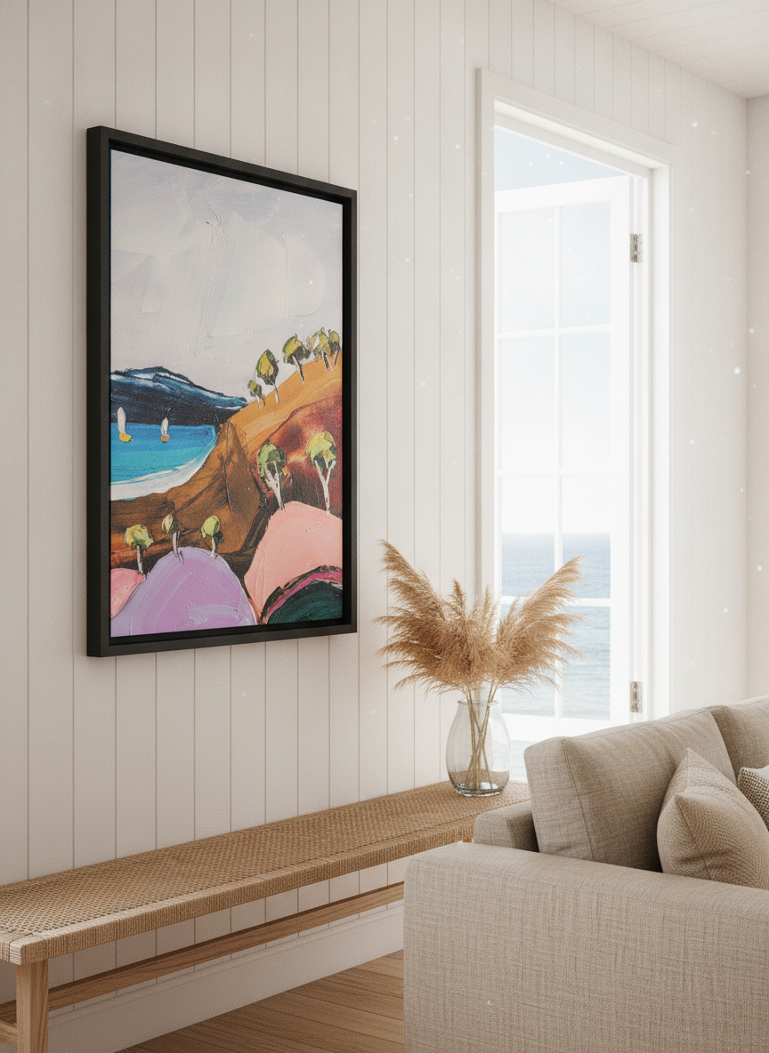 Neutral wall art displayed in a sunny coastal beach house