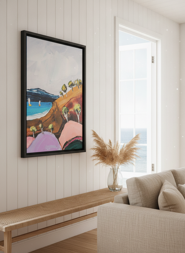 Neutral wall art displayed in a sunny coastal beach house