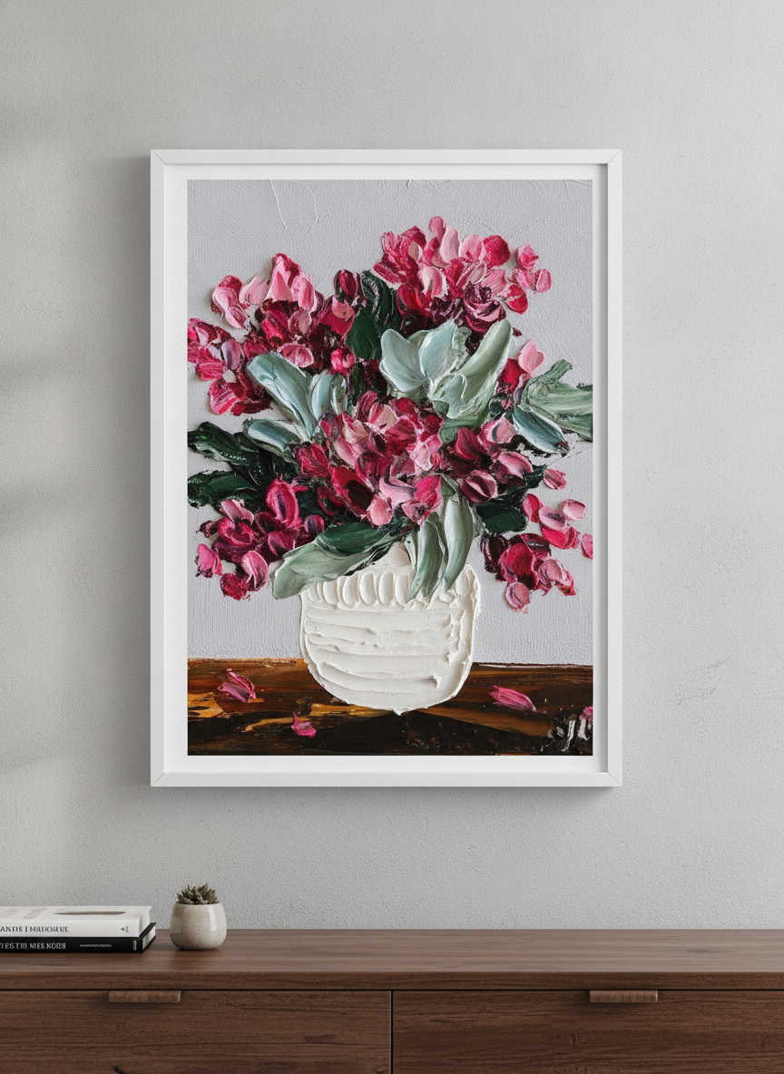 Minimalist artwork displayed in a calm, light-filled bedroom interior
