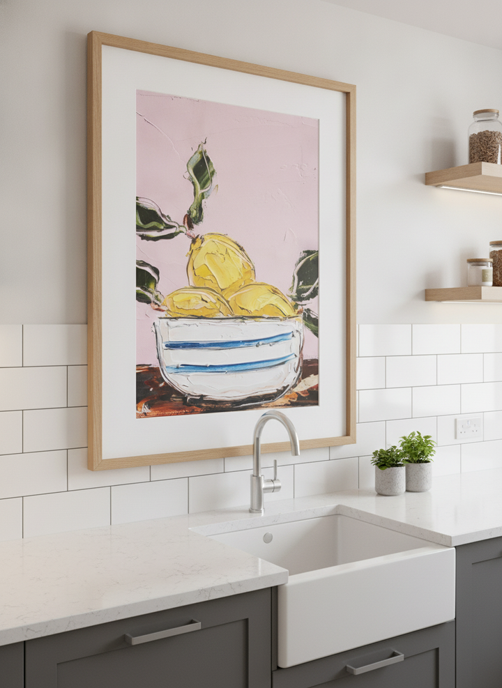 Artwork styled on the wall of a bright modern kitchen