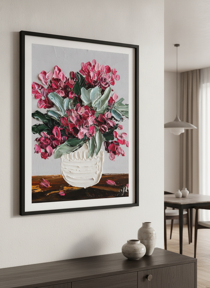 Wall art styled above a dining table in a contemporary home