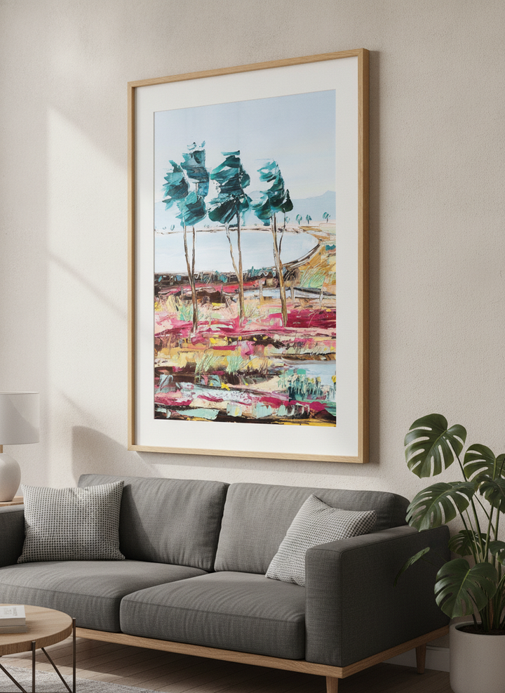 Modern wall art styled above a sofa in a neutral living room