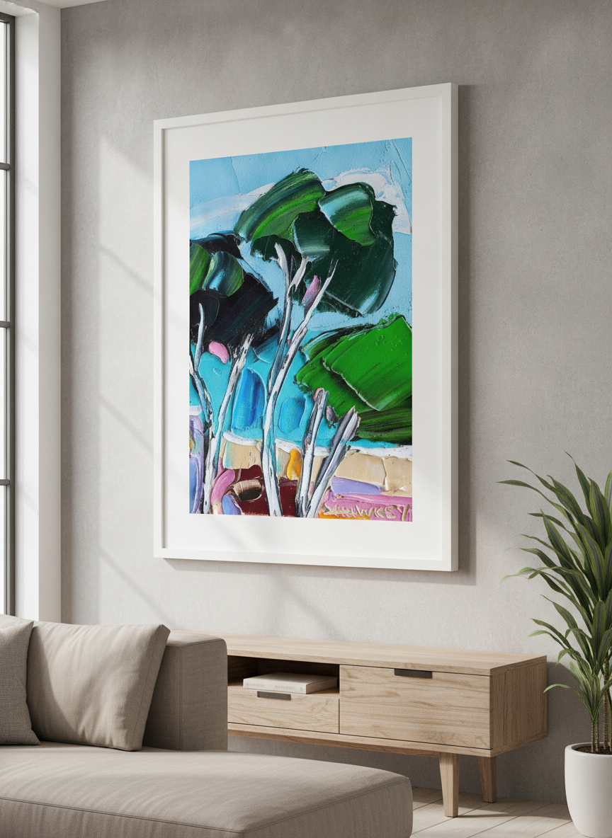 Modern wall art styled above a sofa in a neutral living room