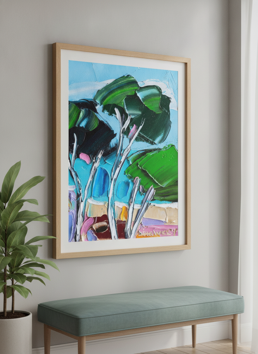 Minimalist artwork displayed in a calm, light-filled bedroom interior