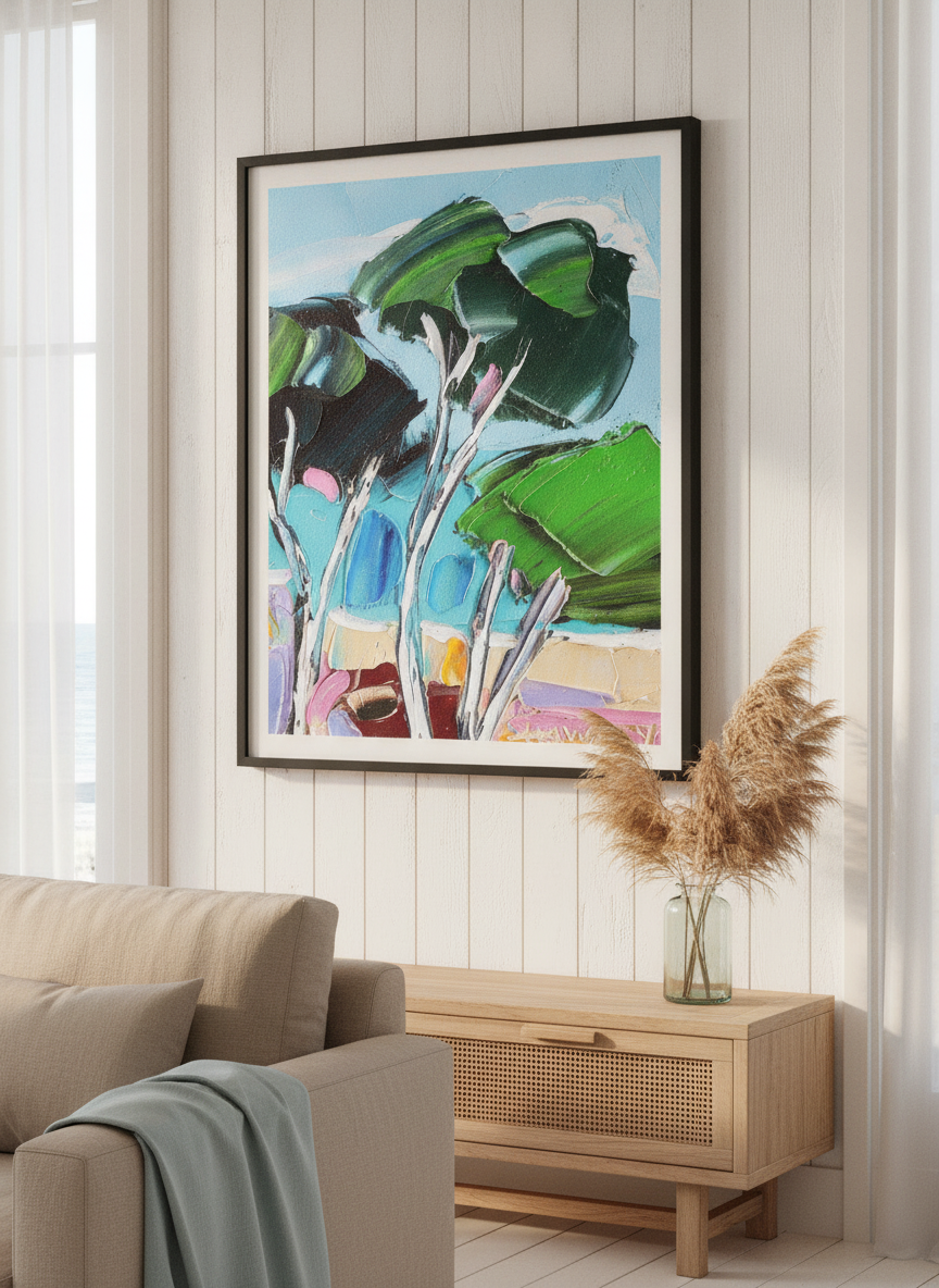 Neutral wall art displayed in a sunny coastal beach house