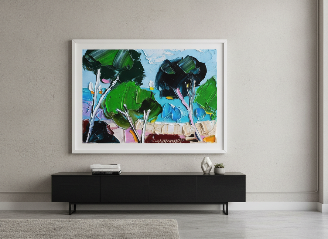 Monumental artwork centred on a feature wall in a luxe interior