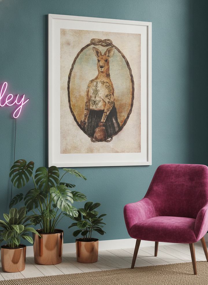 Bold wall art styled in a colourful, eclectic modern home